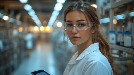 Young female scientist wearing safety glasses and lab coat, standing in a modern laboratory with a determined expression, ready for research.