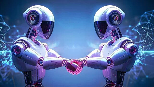 Two futuristic robots shaking hands against a tech-inspired background, symbolizing cooperation and innovation in technology.