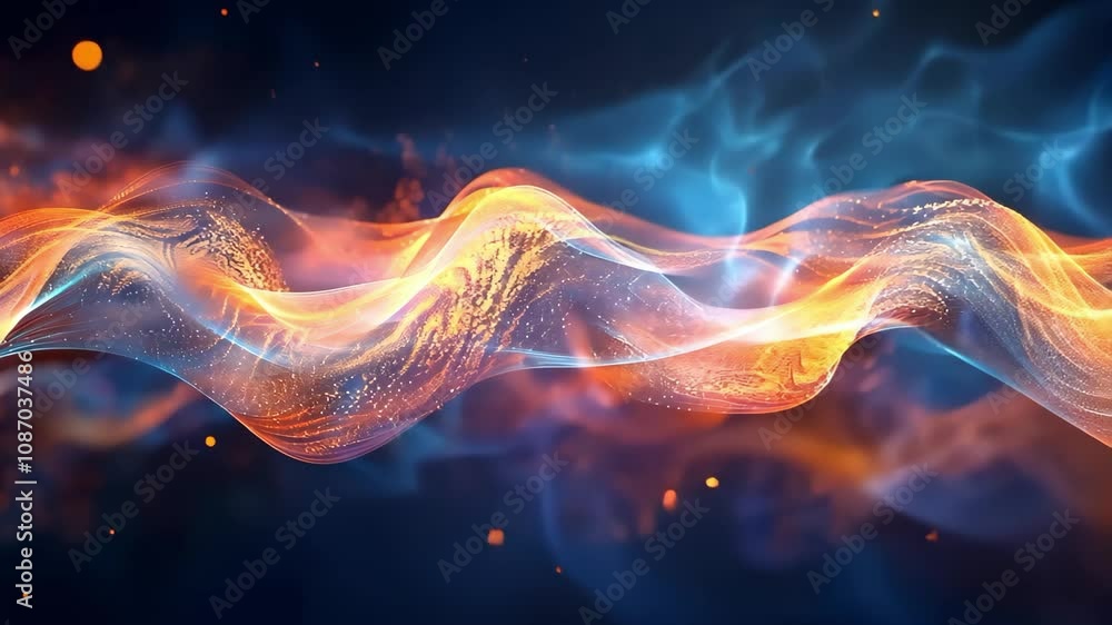 Poster a vibrant abstract design featuring flowing waves of orange and blue, creating a sense of motion and