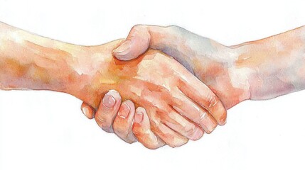 Fototapeta premium A watercolor illustration of two hands shaking, symbolizing agreement, partnership, and collaboration in various sectors.