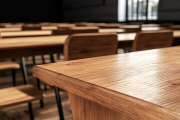 Classroom setting with wooden desks modern learning space educational environment contemporary design close-up view engaging atmosphere