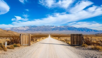 Open wooden gate at end of dirt road leading to Arizona desert with mountains