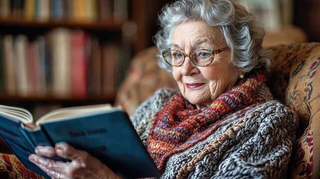 An elderly person using an e-reader for the first time, exploring a library of books with a look of amazement and curiosity.
