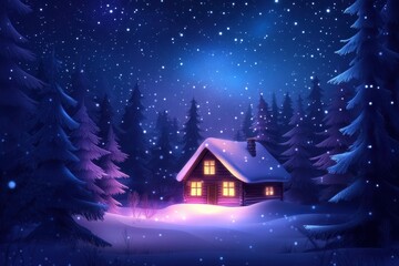 Fototapeta premium Enchanting winter wonderland cabin nestled in a romantic forest clearing, illuminated by a warm, glowing light.