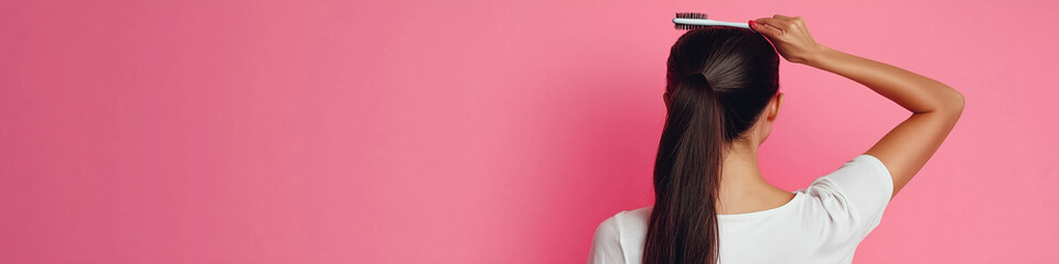 Fototapeta premium Woman styling long hair with a comb against a vibrant pink background during a daytime beauty routine. Generative AI