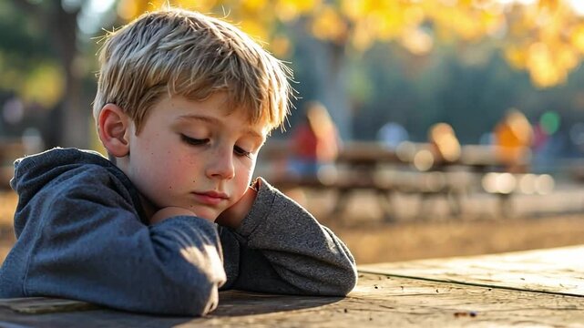 A young boy sitting at a picnic table in the park, chin in hand, watching as other kids play, feeling left out and bored.