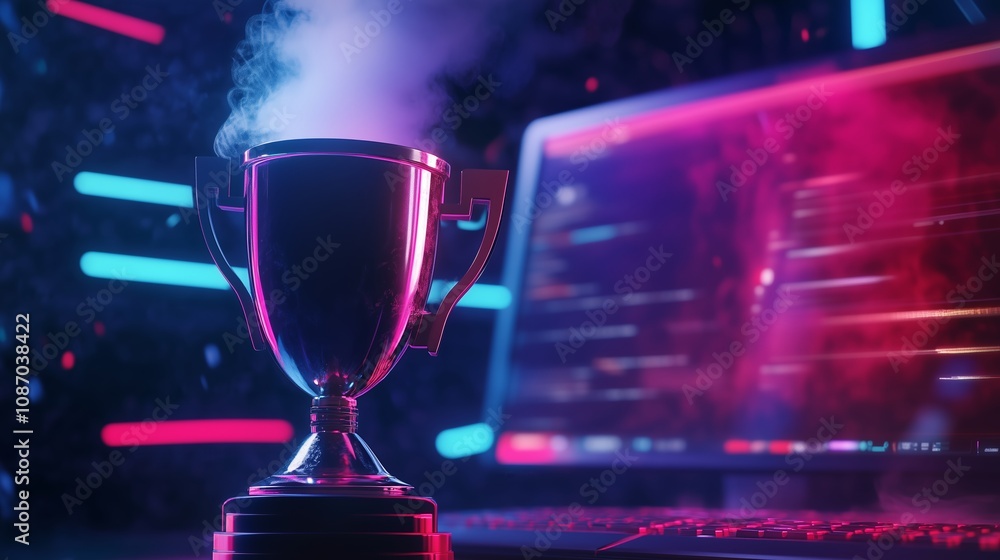 Poster a silver trophy sits in front of a computer monitor with code displayed on the screen