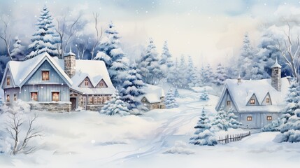 Fototapeta premium A serene winter landscape featuring snow-covered houses amidst pine trees, creating a tranquil and picturesque scene.