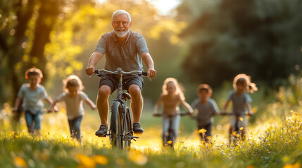 Happy grandfather rides bike through park with children playing outside during golden hour in the summertime. Generative AI