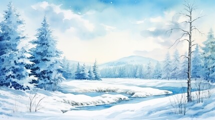 Fototapeta premium A serene winter landscape featuring snow-covered trees and a tranquil river reflecting the cool blue sky.