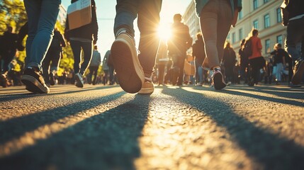 Closeup, shoes and group in street, walking and sunshine with lens flare, cooperation and protest. March, feet and people in city.