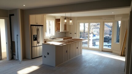 Modern kitchen with stainless steel appliances, white cabinets, and large island.