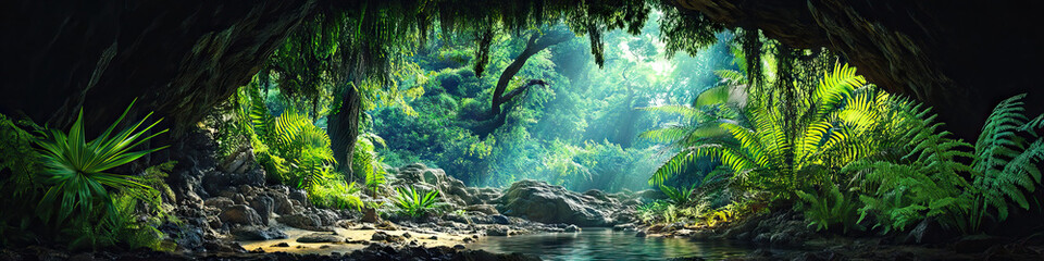Fototapeta premium Hidden Grotto Sanctuary: A secretive nook in the forest, where ferns and other shade-loving plants thrive under a lush overhang.