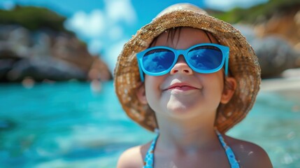 Happy child wearing sunglasses and a straw hat enjoys a sunny day at the swimming pool. Summer vacation and childhood fun concept.