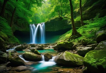 spectacular scenic view cascading waterfalls amidst majestic mountain landscape featuring lush foliage vibrant natural colors, nature, scenery, park, stream