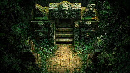 Obraz premium Aerial View of Ancient Mayan Ruins Overgrown by Lush Jungle Foliage. A digitally created image depicting a mystical gateway to an ancient civilization hidden within a dense, vibrant rainforest.
