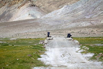 Bridge among the mountains along the Bartang Valley in the Gorno-Badakhshan region in Tajikistan