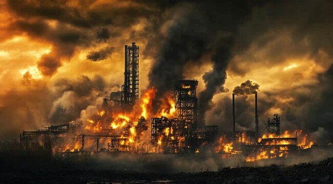 Scene of an oil refinery burning due to an accident, Camera slow motion with different angles