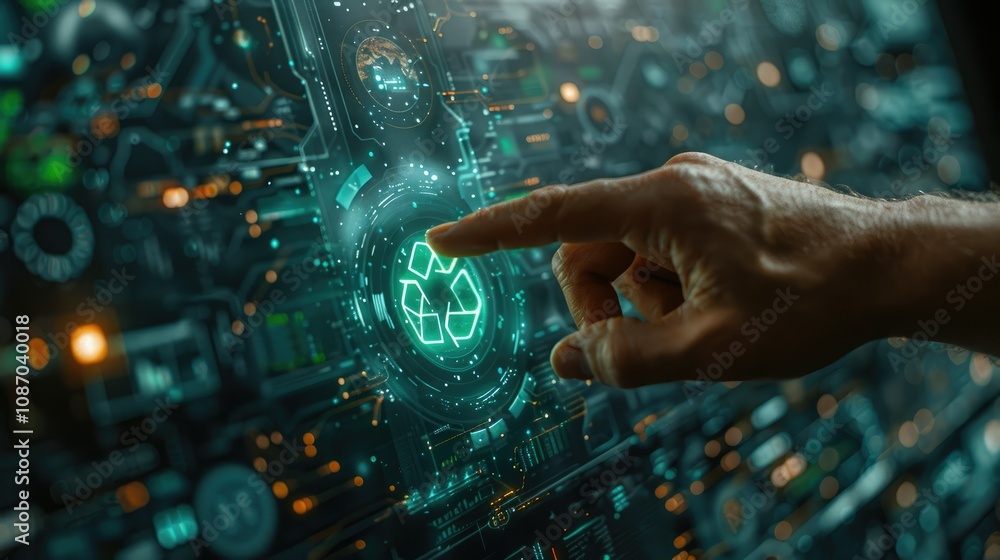 Poster hand interacting with a futuristic interface displaying a glowing recycle symbol.