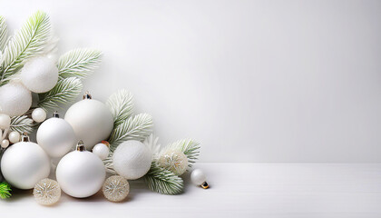 Białe świąteczne tło bożonarodzeniowe. Stroik świąteczny. Bombki choinkowe, ilustracja. Puste miejsce na tekst