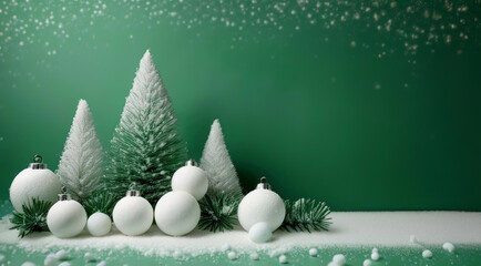 Zielone świąteczne tło bożonarodzeniowe. Stroik świąteczny. Białe bombki  i choinki, ilustracja. Dekoracja świąteczna. Puste miejsce na tekst