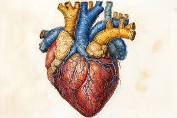 Naklejka premium professional schematic diagram showcases human heart anatomy featuring all four chambers major arteries and veins valves and clear layout ideal medical education and understanding.