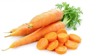 Fresh carrot and pieces with leaf vegetable on white background.