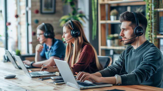 Group of call center working support customer care in global network at offkce.