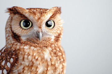 Obraz premium European scops owl close-up, vivid detail of blinking eye, striking 3D illustration, selective focus enhances the captivating gaze.