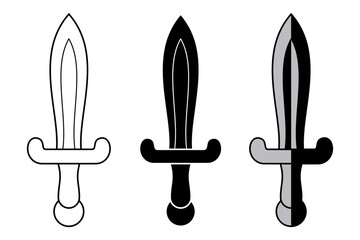 Vector silhouettes, icons and flat design line art of Arabian swords, pirates, knights, warriors, soldiers and executioners isolated on white background. Large sword collection set