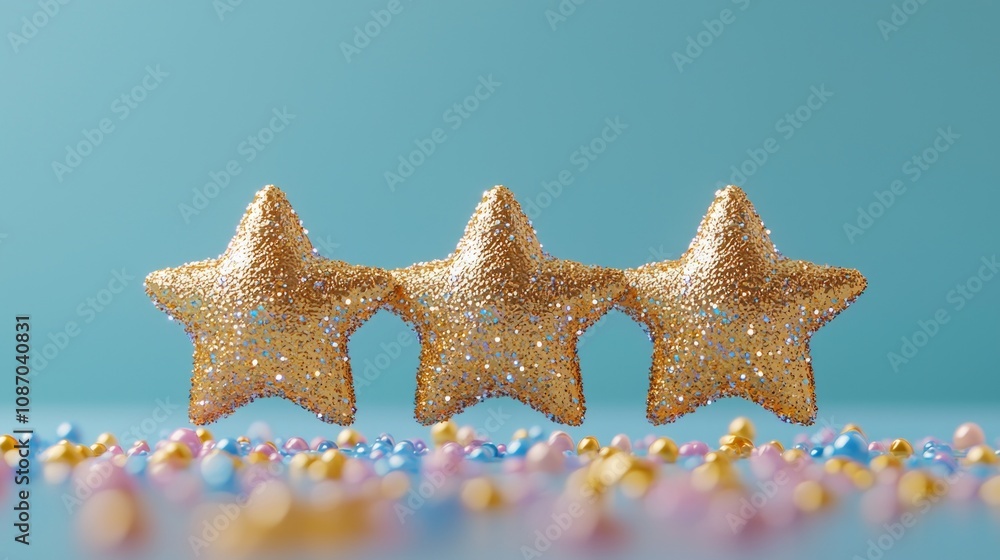 Poster artwork features five golden stars aligned horizontally subtle shadow set gradient background transi