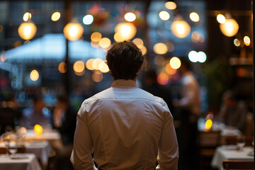 Fototapeta premium Generative AI Image of Waiter or Waitress Working in Fast Food Cafe Restaurant with Warm Ambient Lighting