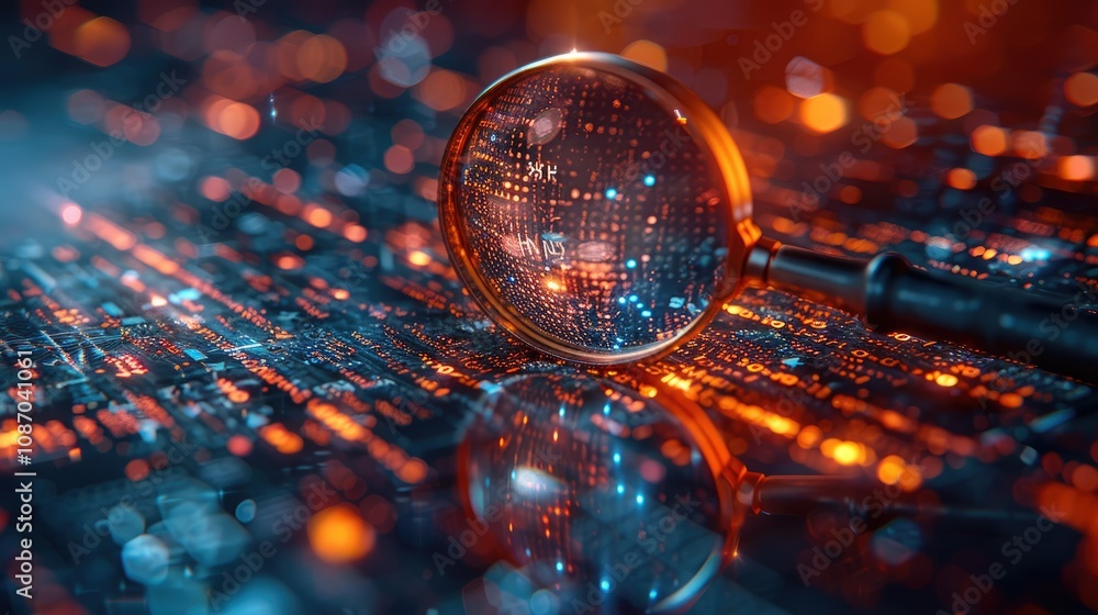 Poster magnifying glass revealing a digital world with binary code and glowing lights.