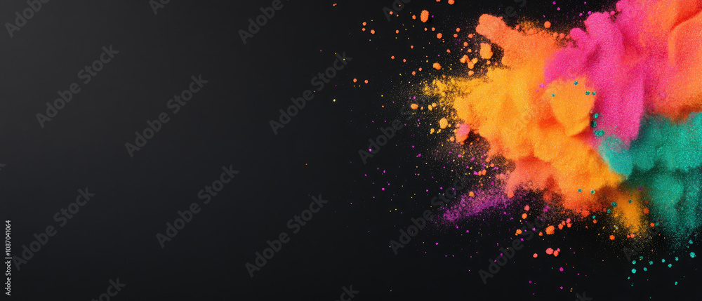 Poster vibrant glitter explosion, multicolored glitter bursts against a black backdrop, creating a dynamic 