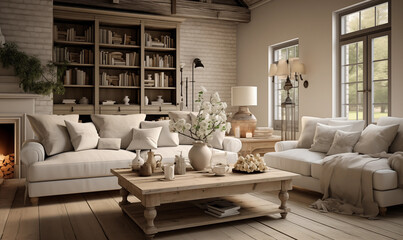 Rustic Farmhouse Living Room Interior Design Beige Sofa Wooden Coffee Table Bookshelves