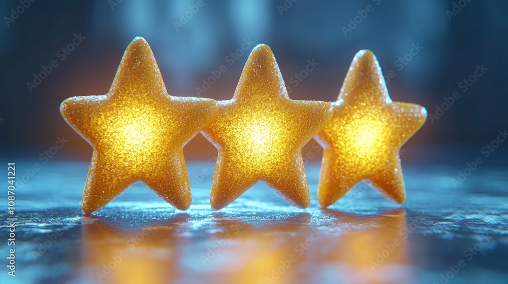 Poster artwork showcases five golden stars aligned horizontally subtle shadow gradient background transitio