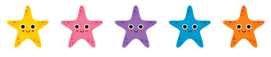 Vector illustration of cartoon colorful starfish isolated on white background.