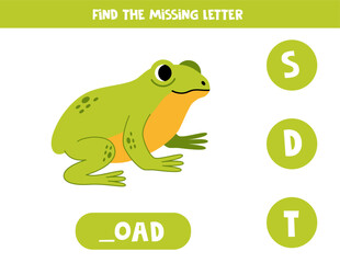 Find missing letter with cartoon and cute green toad. Spelling worksheet.
