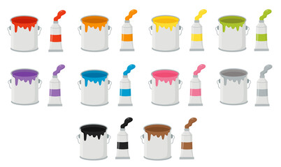 Vector illustration of cartoon paint cans and paint tubes.