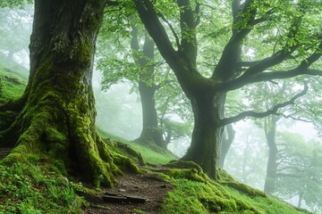Obraz premium Misty Forest Pathway: A Serene Journey Through Lush Green Trees