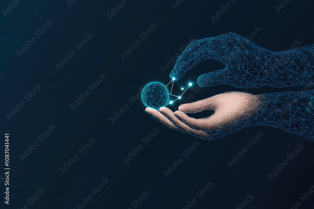 Poster futuristic hands engaging with abstract technology circles, interconnected global lines representing