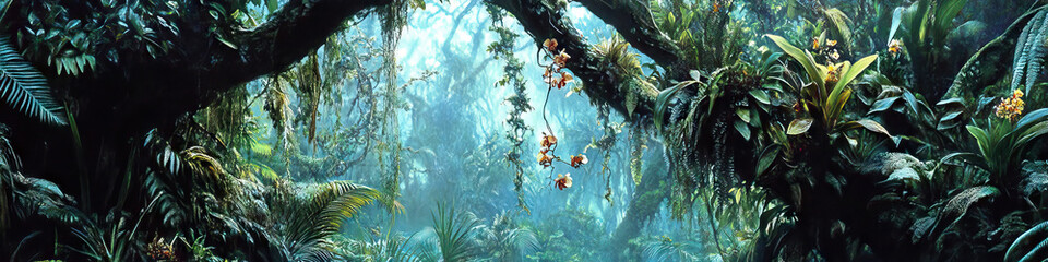 Hanging Vine Garden: A view of delicate orchids and ferns adorning the branches of a large tree in the rainforest.