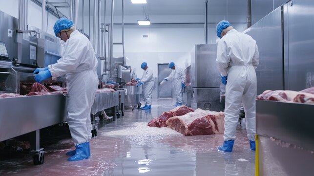 Meat Processing Plant: Workers in Hazmat Suits Handle Raw Beef