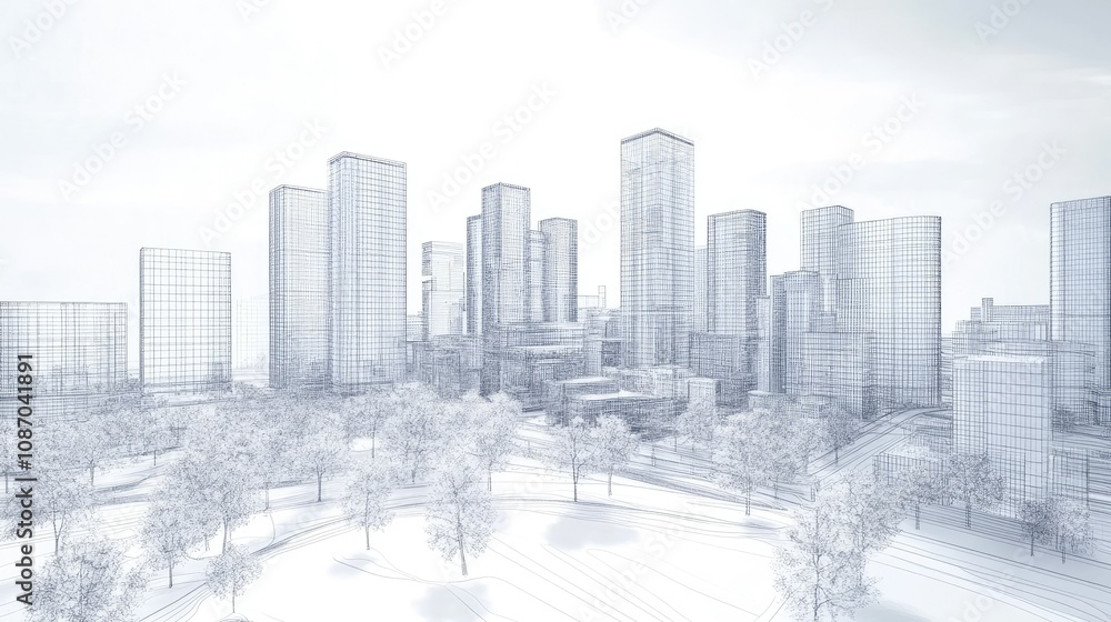 Poster wireframe rendering of a modern city skyline with trees and parkland.