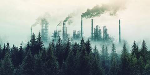 A double exposure of a forest merging with the image of a factory emitting smoke