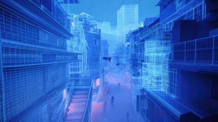 Obraz premium Wireframe city street at night, showing buildings and people.