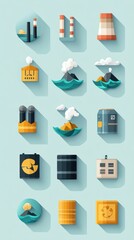 Flat Icons Representing Environmental Issues and Solutions