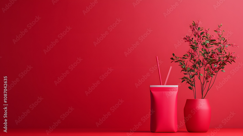 Poster a vibrant red scene featuring a stylish cup with straws and a potted plant, creating a bold and mode