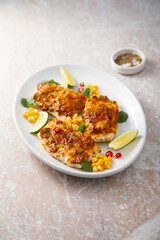 White fish fillet with pepper paste and corn