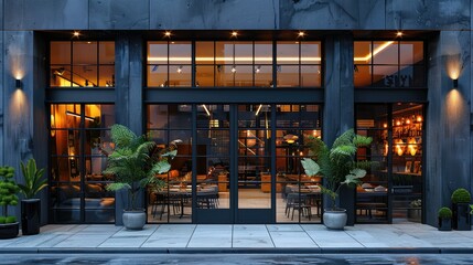 Modern storefront with large glass windows and warm lighting.